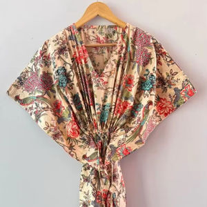 ชุดเดรสผ้าฝ้ายลายพิมพ์นกและดอกไม้ สไตล์โบฮีเมียนสำหรับคลุมชายหาด - Product Image 1