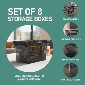 Set di 8 Contenitori in Plastica Nera con Chiusura e Maniglia Trasparente, Capacità 4 Quarti, Coperchi per Scatole Multiuso - Product Image 1