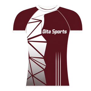 Maillot de compression athlétique personnalisé marron et blanc à manches courtes, col ras du cou, motif géométrique, pour entraînement de performance et sports nautiques - Product Image 2