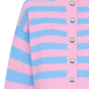 Cardigan en tricot pour femme de qualité supérieure, rose et bleu contrastés, avec logo sur le devant, style décontracté, boutonné, manches longues - Product Image 2