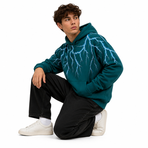 High Quality <b>men</b> cotton fleece hoodie <b>pullover</b> lightning graphic drawstring pouch pocket relaxed fit bulk garment program - Product Image 3