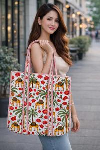 Sac fourre-tout élégant pour femme, grand format, imprimé floral bleu, matelassé, fermeture ouverte, en coton indien, lavable, pour le shopping quotidien et les voyages - Product Image 4