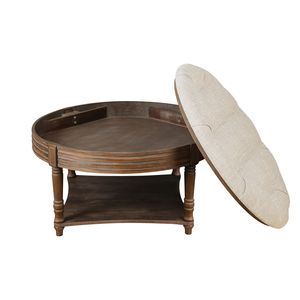 Grand pouf imperméable à 2 niveaux Table basse en bois Étagère de ferme tapissée Salon Repose-pieds Bouton Tufté Lin - Product Image 6
