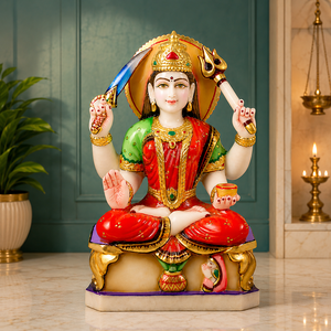 Religious Marble Santoshi Mata Idol with Trident, Sword, Sacred Pot & Hand Painted Details – Maliyas - Product Image 1