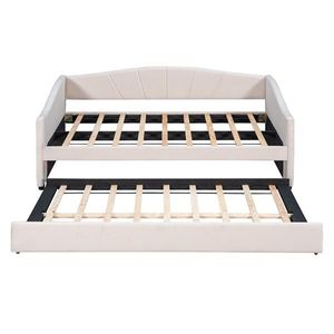 Beige Upholstered Daybed Sofa Bed Twin Size with Trundle Bed and Wood Slat - Product Image 6