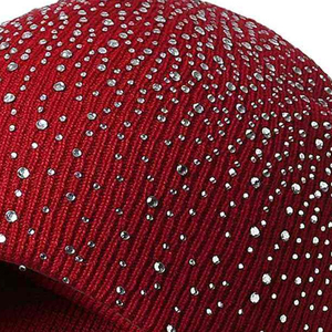 Sparkling Red Rhinestone Knit Beanie <b>Hat</b> Soft Stretch Thermal <b>Winter</b> Skull Cap for <b>Women</b> Stylish Outdoor Fashion Headwear - Product Image 4