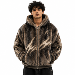 Fournisseur de sweats à capuche en molleton de coton marron pour homme, style streetwear, avec fermeture éclair texturée personnalisée, capuche à bordure brodée en fourrure et motif flamme, pour l'hiver - Product Image 1