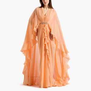 Elegant Salmon Peach Georgette Cape Gown | Designer Pleated <b>Maxi</b> Dress with Waistband | Moroccan <b>Kaftan</b> Evening Wear Dress - Product Image 1