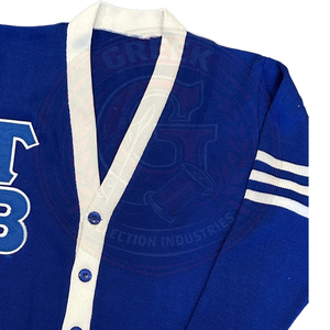 Fraternity sorority Blue acrylic Knitted <b>Cardigan</b> <b>Sweater</b> Greek letter TB Logo White Trim Full Sleeve Embroidery collage wear - Product Image 6