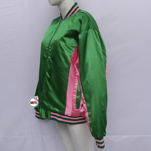 Chaqueta de satén verde y rosa con cuello vuelto, cierre de cremallera, bloques de color en contraste, manga larga, para mujer, ropa de otoño, OEM - Product Image 4