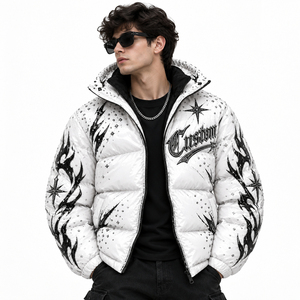 Custom Men's White Y2K Graphic Puffer <b>Jacket</b> Rhinestone Tribal Flame Design Glossy Padded Winter Outerwear Front <b>Gothic</b> - Product Image 4