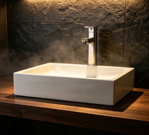 Lavabo Rectangular de Cerámica Blanca para Baño, Diseño Minimalista, Acabado Pulido, Montaje Sobre Encimera - Product Image 1