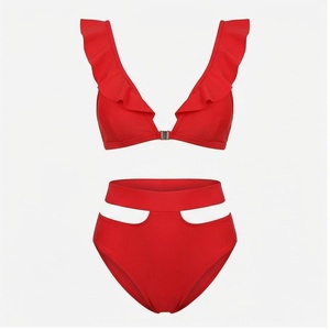 <b>Red</b> Ruffled Bikini Set With Hollow Out High Waist Bottoms Women's Swimwear Two Piece Solid Color Stretch <b>Swim</b> <b>Suit</b> - Product Image 1