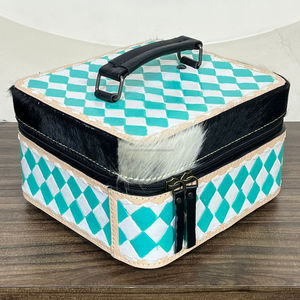 Estuche de Joyería de Cuero Vacuno con Diseño a Cuadros Turquesa y Blanco, Hecho a Mano, Estilo Occidental Personalizado, Organizador de Joyería, Caja de Viaje - Product Image 4