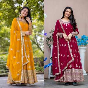 Gaun Etnik Buatan Tangan Bahan Faux Georgette Berpayet dengan Dupatta Renda Empat Sisi, Pinggang Elastis, Anti Kusut, Cepat Kering, untuk Pesta dan Pernikahan. - Product Image 3