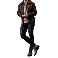 Blouson aviateur en cuir véritable marron pour homme, col en fausse fourrure, deux poches à rabat, fermeture éclair sur le devant, poignets côtelés, vêtement d'extérieur haut de gamme pour l'hiver