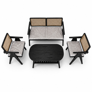 Juego de Muebles de Salón Modernos Escandinavos Malmo de Teca y Ratán con Acabado Negro, Mesa de Centro Ovalada Premium, Estante, Sofá de Mimbre para Hotel o Salón - Product Image 3