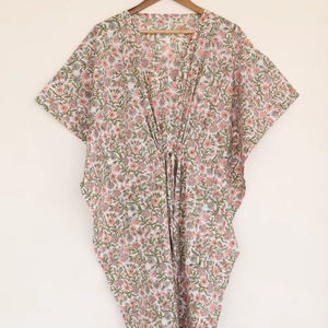 Vestido Kaftan de Algodón con Estampado Floral Pastel para Mujer, Ropa de Dormir con Cordón Ajustable - Product Image 1
