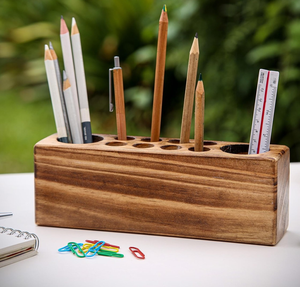 <b>Solid</b> <b>Wood</b> Pen Holder With Multiple Slots For Pens And Ruler Office <b>Desk</b> Organizer Storage Box <b>Wood</b> Pen Holder - Product Image 1
