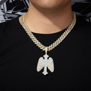 Iced Out Cross Pendant With Wings 18K Gold Plated Hip Hop Men's Jewelry Charm Christian Religious Gift - Product Image 1