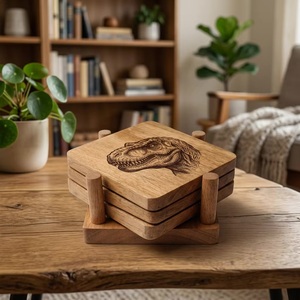 Ensemble de sous-verres carrés en bois avec motif dinosaure, tapis réutilisables, finition naturelle, épaisseur 10 mm, faits à la main, rustiques, diamètre 10 cm - Product Image 2