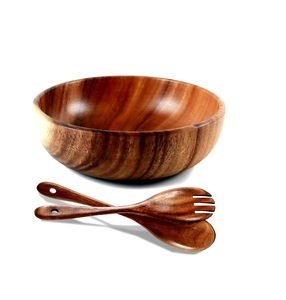 Ensemble de saladiers en bois d'acacia faits à la main 2026 avec cuillère et fourchette, finition naturelle polie - Product Image 4