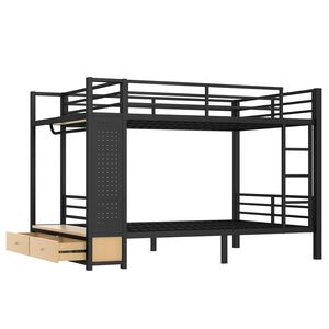 Queen Over Queen Metal Bunk <b>Bed</b> with <b>Storage</b> Shelves Drawers Pegboard for Teens <b>Black</b> Color - Product Image 6