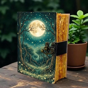 400 Pages Handmade Leather <b>Vintage</b> Grimoire Hardcover Journal Celestial Moon Forest Hand Water Color Sketchbook <b>Notebook</b> Thread - Product Image 2