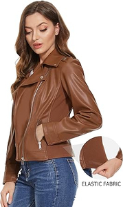Chaqueta de Moto de Cuero PU para Mujer, Manga Larga, Cierre de Cremallera, Color Sólido, Estilo Otoñal, Cuello Camisero, Largo Regular - Product Image 4