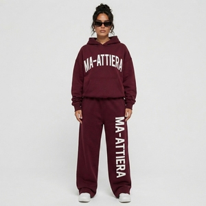 Custom Oversized Women <b>Burgundy</b> Hoodie Wide Leg Sweatpants Tracksuit Set OEM ODM Wholesale Manufacturer - Product Image 1