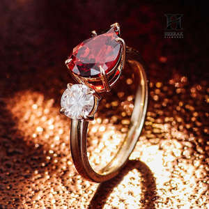 Luxury 2CT Red Pear Cut Lab Grown Diamond Engagement <b>Ring</b> 14K Yellow Gold <b>Two</b> <b>Stone</b> Toi et Moi <b>Ring</b> with Round Brilliant Accent - Product Image 4