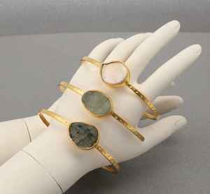 Multi Stone Triple Row Gold <b>Cuff</b> Raw Aquamarine Moonstone Bangle | IGI Certified Buddhism Indian Origin | Wholesale Mixed - Product Image 3