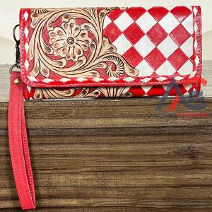 Portefeuille long à motif floral et à carreaux en cuir de vachette repoussé, style bohème vintage, avec dragonne, pour usage quotidien – Collection Mars 2026 - Product Image 1