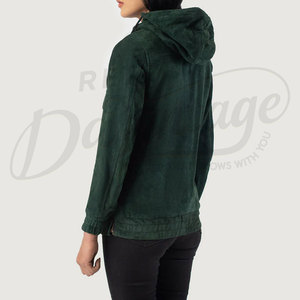 Women Emerald Green Genuine <b>Suede</b> Leather Anorak <b>Jacket</b> Hooded Pullover Slim Fit Premium Goat <b>Suede</b> Half-Zip Streetwear Hoodie - Product Image 2