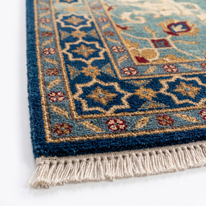 Tapis en laine DECORDEC bleu marine motif floral médaillon, écologique, antidérapant, moderne, avec bordure géométrique étoilée pour un intérieur de luxe - Product Image 5