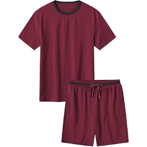 Unisex <b>Maroon</b> Short Sleeve T-Shirt Crew Neck Solid Color Casual Summer Breathable Lightweight Polyester Shorts Set - Product Image 1