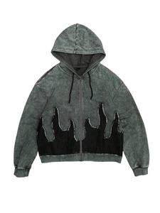 Sudadera con capucha vintage con cremallera lavada y detalle de puntada de llama negra, Sudadera con capucha desgastada en blanco de Terry francés de algodón para hombre, chaqueta con - Product Image 3