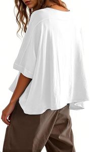 Blusa Corta Blanca para Mujer, Manga Tres Cuartos, Cuello Redondo, Corte Holgado, Informal, Tejida, Color Sólido, 100% Algodón, Primavera Verano - Product Image 4