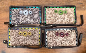 Cartera de mano de cuero tallado para mujer, Cartera de cuero tallada Floral de estilo Vintage, hecha a mano, billetera occidental - Product Image 3