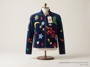เสื้อแจ็คเก็ตบอมเบอร์ผู้หญิงผ้ากำมะหยี่สีกรมท่า ปักลายดอกไม้สไตล์โบฮีเมียน  รักษ์โลก น้ำหนักเบา เหมาะสำหรับฤดูใบไม้ร่วง บุด้วยผ้าฝ้าย - Product Image 3
