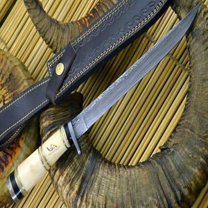 Couteau à lame fixe en acier Damas fait main, pointe tombante, manche en bois de cerf, couteau de chasse et de survie - Product Image 1