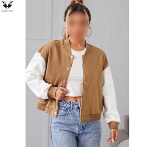 Excellent Fournisseur – Nouvelle Veste Teddy Femme OEM ODM, Couleur Unie, Manches Contrastantes, Col Rond, Manches Longues, Style Court - Product Image 4