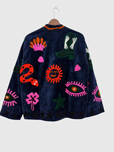 Veste en velours brodée à la main avec des motifs floraux, manches longues, col mandarin, taille plus, vêtements de printemps pour femmes - Product Image 2