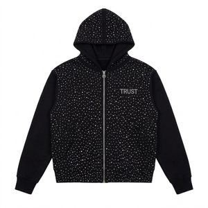 Men's Black Hooded Sweatshirt With Rhinestone Dot Pattern And Trust Logo Front Zipper Regular Fit French Terry Material - Product Image 1