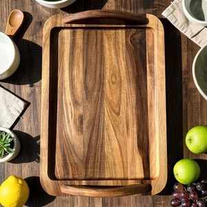 <b>Walnut</b> Wooden Serving Tray with Handles Handmade Breakfast Tray Natural Wood Food Tray Kitchen Serving Tray <b>Coffee</b> <b>Table</b> Tray - Product Image 3