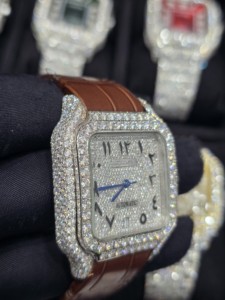 Montre de luxe mécanique pour homme en acier inoxydable, carrée, entièrement sertie de diamants Moissanite, avec bracelet en cuir, analogique, bracelet de 16 mm - Product Image 2