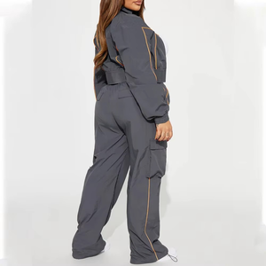 Ensemble de survêtement pour femme, automne, respirant, léger, col montant, patchwork, logo sur le devant, haut court à manches courtes, pantalon long - Product Image 6