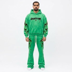 Ensemble de survêtement à capuche tie-dye vert pour homme, imprimé flamme néon, streetwear, coupe régulière, poches à cordon de serrage, poids lourd, 2-en-1 - Product Image 1