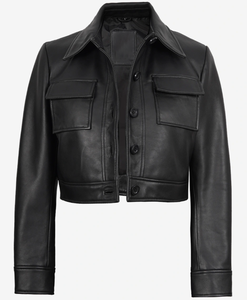 Women's Genuine Leather Trucker <b>Jacket</b> <b>Short</b> Crop Turn-Down Collar Full Sleeve Button Closure Solid Black - Product Image 1