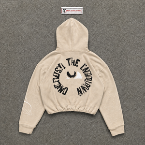 Sweat-shirt à capuche oversize beige avec fermeture éclair, style streetwear, en coton French Terry, avec logo brodé sur le devant et poche. - Product Image 6